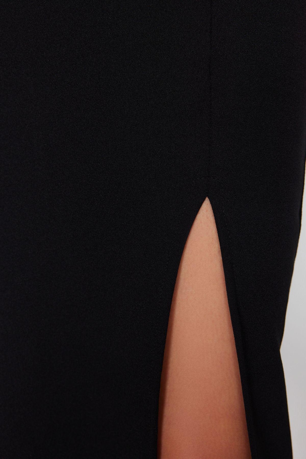 Moda Stil Slim Kare Yaka Midi Boy itted Vücuda Oturan Yırtmaçlı Esnek Örme Kalem Elbise