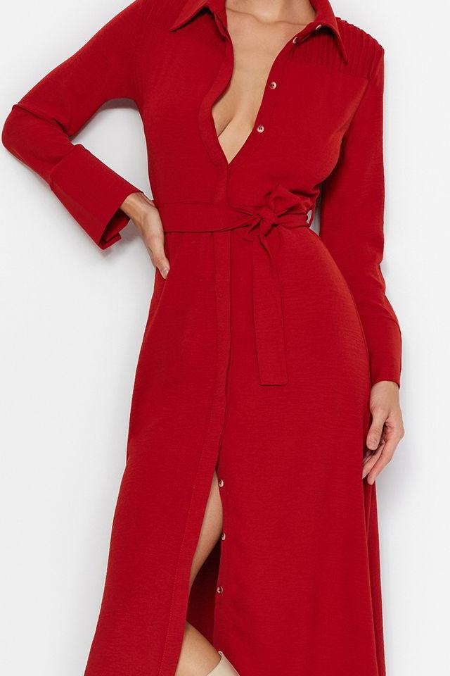 Moda Stil Regular Gömlek Yaka Midi Boy Kuşaklı Düğmeli Dokuma Gömlek Elbise