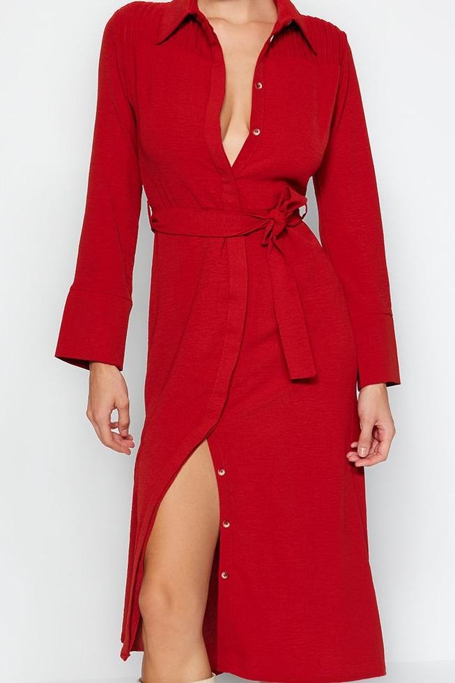 Moda Stil Regular Gömlek Yaka Midi Boy Kuşaklı Düğmeli Dokuma Gömlek Elbise