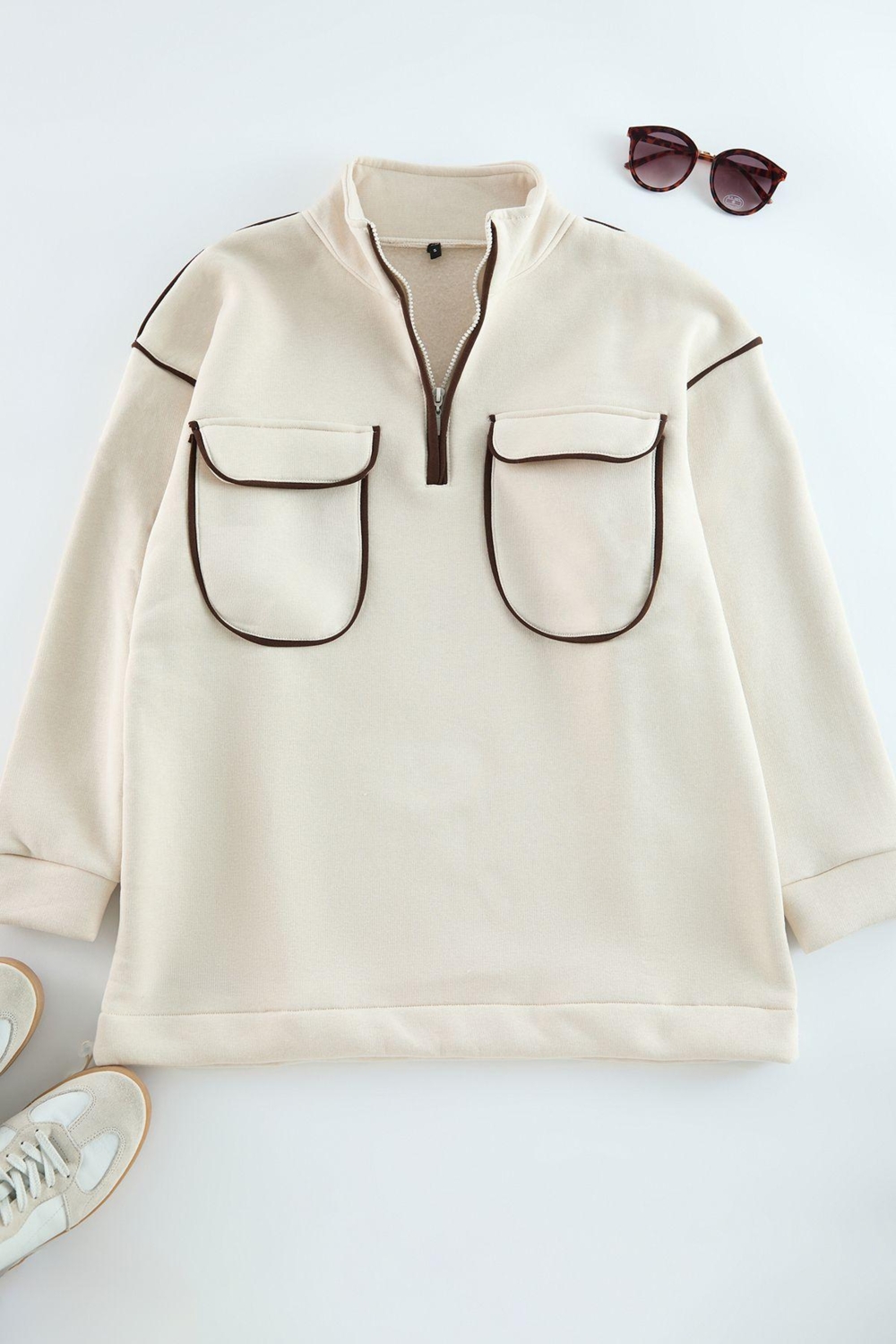 Tesettür Tarz Oversize Dik Yaka Standart Kol Uzun Fermuar ve Cep Detaylı Sweatshirt