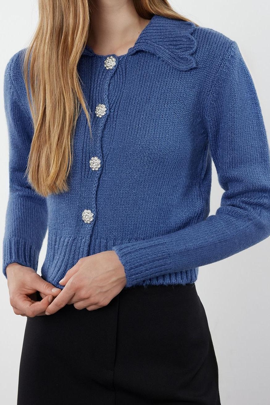 Kadın Modern Tarz Regular Polo Yaka Crop Triko Hırka
