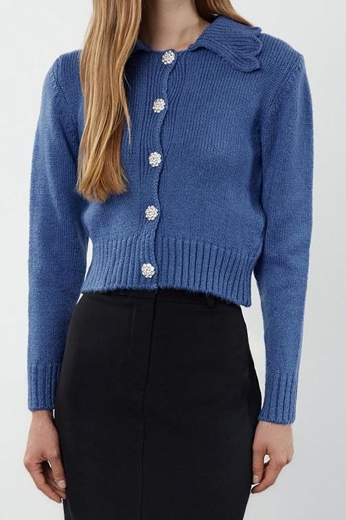 Kadın Modern Tarz Regular Polo Yaka Crop Triko Hırka