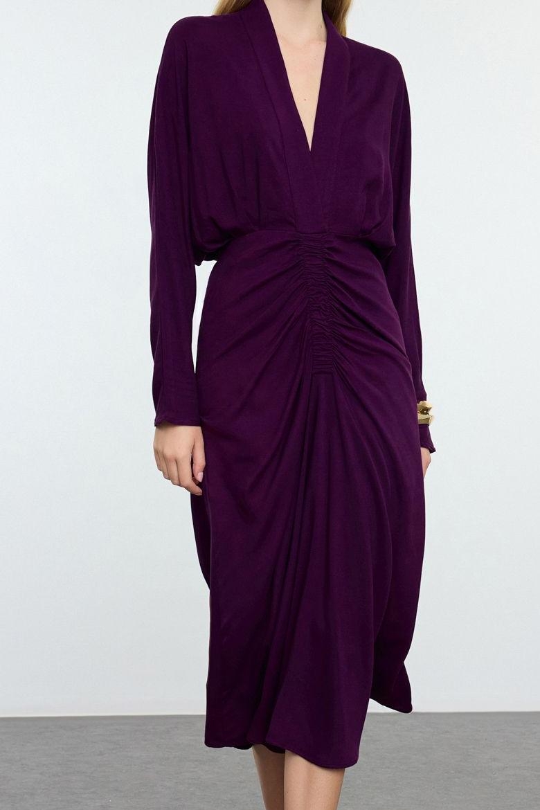 Moda Stil Fitted V Yaka Midi Boy Yaka Açıklığı Ayarlanabilir Eteği Büzgülü Dokuma Elbise