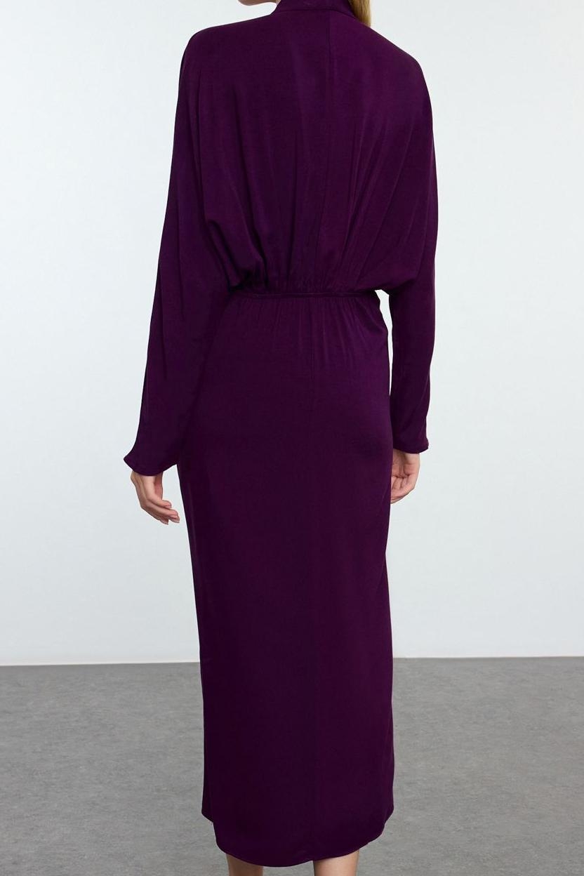 Moda Stil Fitted V Yaka Midi Boy Yaka Açıklığı Ayarlanabilir Eteği Büzgülü Dokuma Elbise