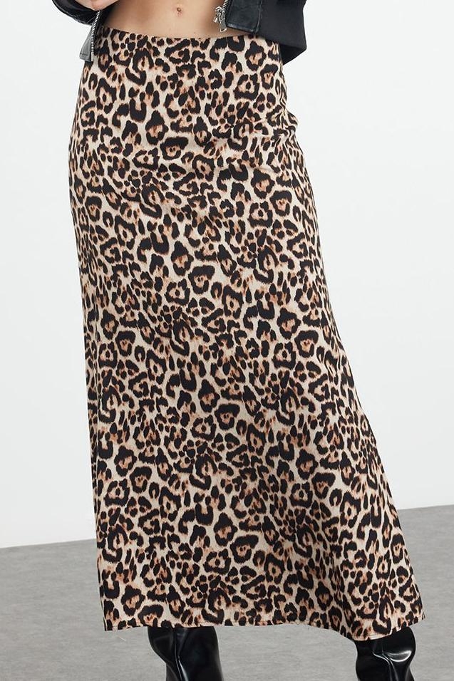 Modern Tarz Astarsız Dokuma Maxi Boy Leopar Animal Desenli Maxi Boy Dokuma Etek