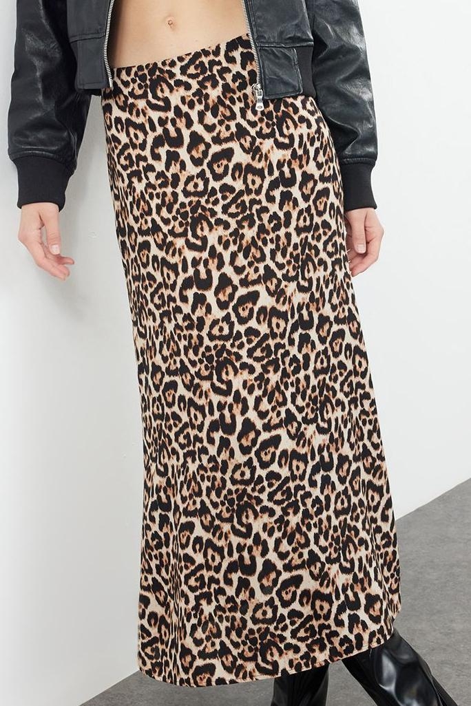 Modern Tarz Astarsız Dokuma Maxi Boy Leopar Animal Desenli Maxi Boy Dokuma Etek