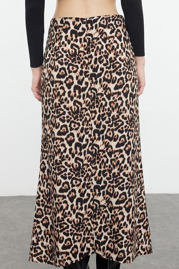 Modern Tarz Astarsız Dokuma Maxi Boy Leopar Animal Desenli Maxi Boy Dokuma Etek