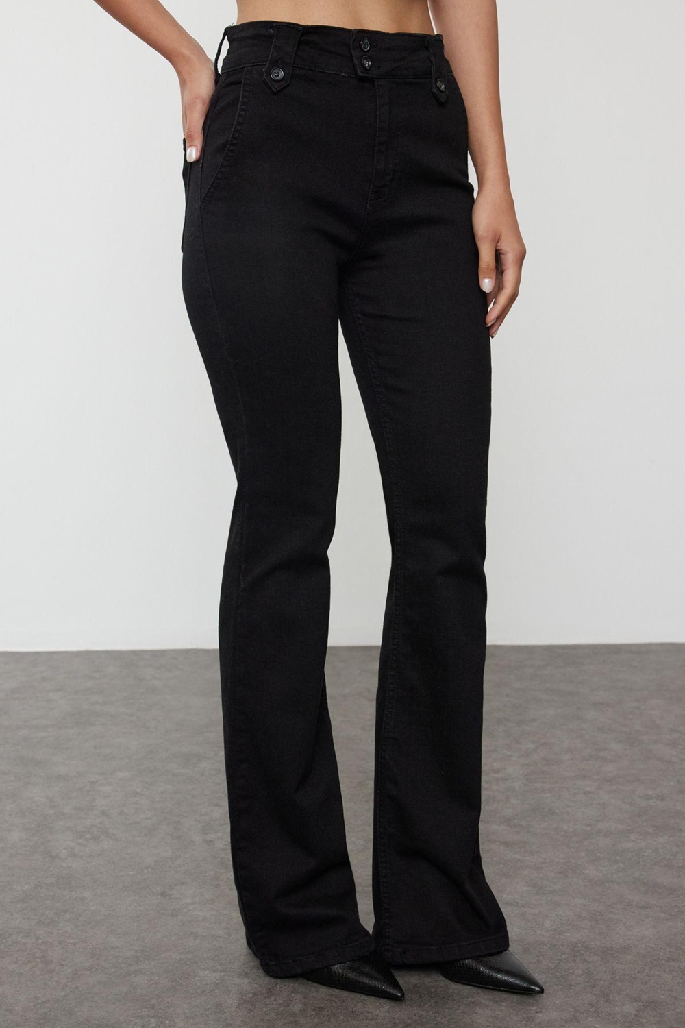 Stil Kadın Moda Denim Kot Pantolon Regular İspanyol Paça Bel Detaylı Yüksek Bel Jeans