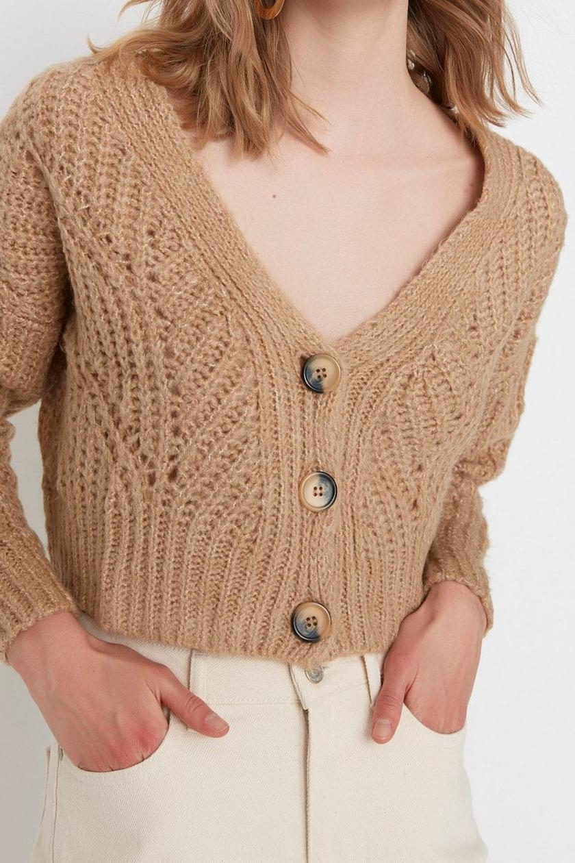 Kadın Modern Tarz Regular V Yaka Crop Triko Hırka