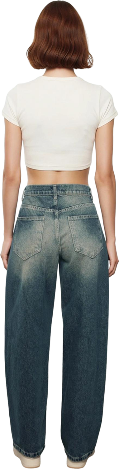 Kadın Yüksek Bel Bol Kesim Denim Pantolon Fonksiyonel Dayanıklı Kaliteli Konforlu Estetik Şık