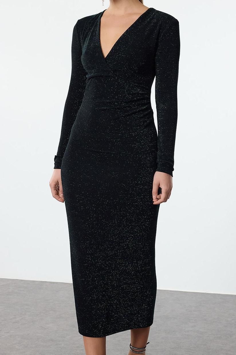 Moda Stil Fitted Kruvaze Midi Boy Vücuda Oturan V Yaka Simli Örme Elbise