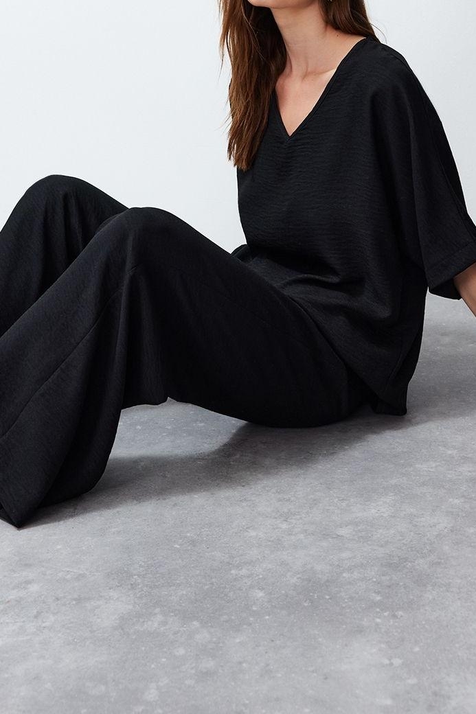 Tarz Kadın Modern Moda Normal Bel Boru Paça V Yaka V Yaka Dokuma Bluz-Pantolon Takım