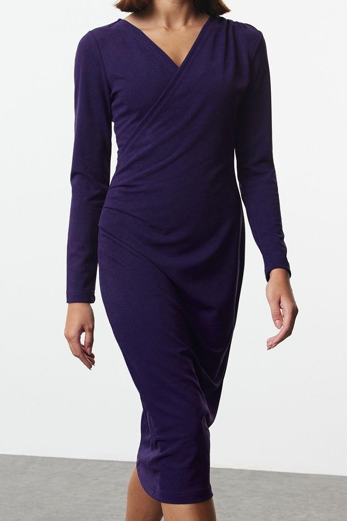 Kadın Anvelop Siluet Bodycon Kesim Midi Boy Uzun Kollu V Yaka Scuba Krep Kışlık Elbise Zarif Stil
