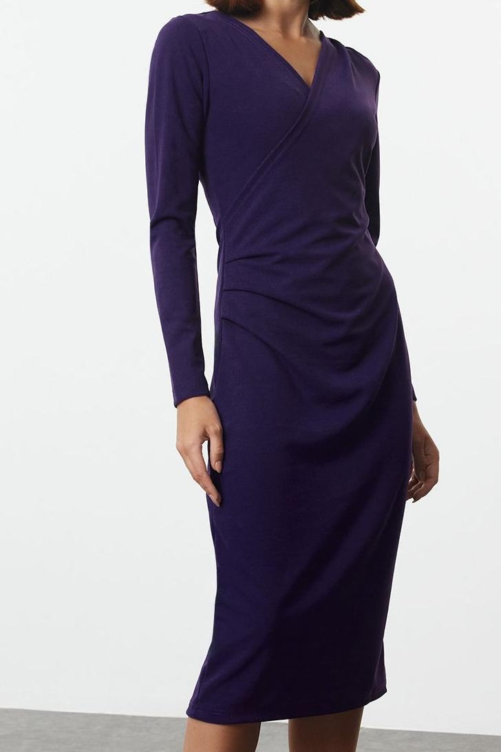 Kadın Anvelop Siluet Bodycon Kesim Midi Boy Uzun Kollu V Yaka Scuba Krep Kışlık Elbise Zarif Stil