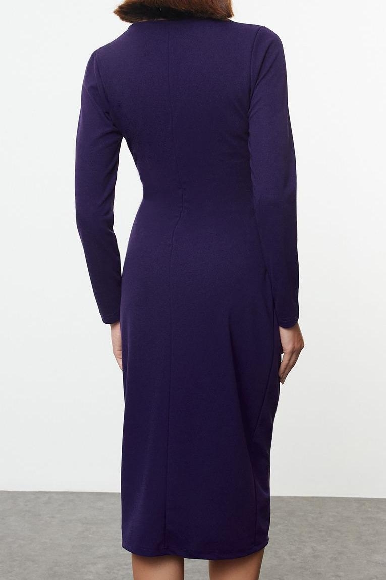 Kadın Anvelop Siluet Bodycon Kesim Midi Boy Uzun Kollu V Yaka Scuba Krep Kışlık Elbise Zarif Stil
