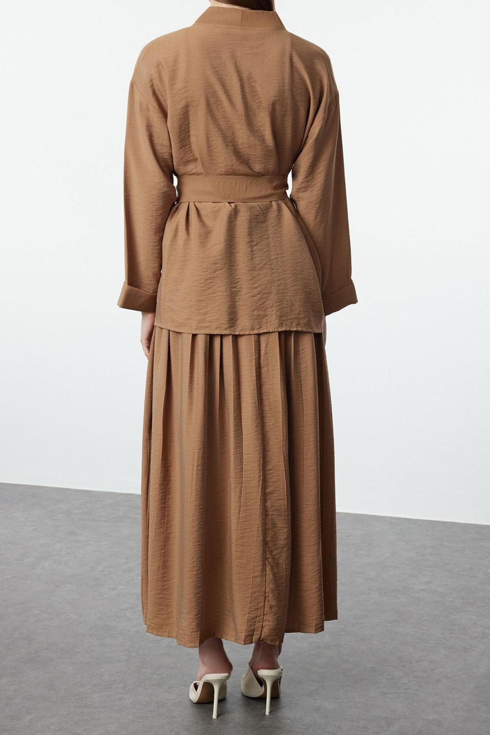 Tarz Kadın Modern Moda Normal Bel Boru Paça V Yaka Kuşaklı Kimono-Piliseli Etek Dokuma Alt-Üst Takım