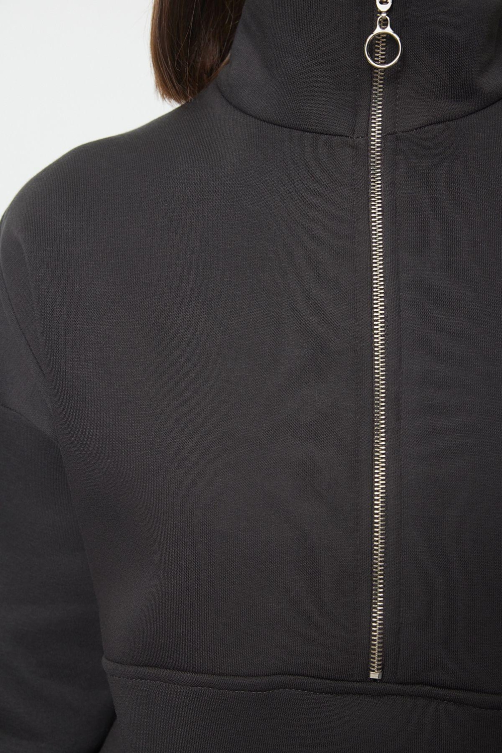 Oversize Dik Yaka Standart Geniş Kalıp Yarım Fermuarlı Kalın Polarlı Örme Sweatshirt