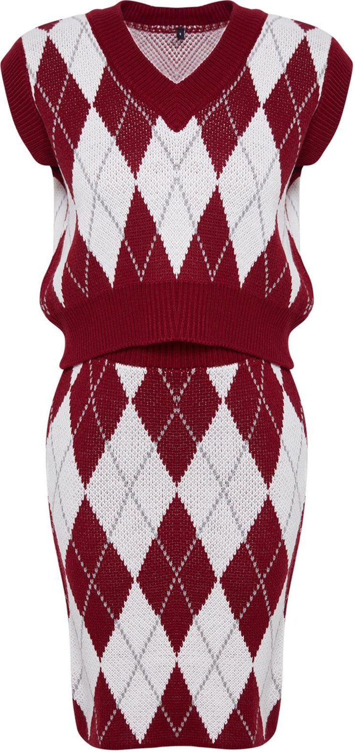 Tarz Kadın Modern Moda Normal Bel Geniş Paça V Yaka Crop Desenli Jakarlı Triko Alt-Üst Takım
