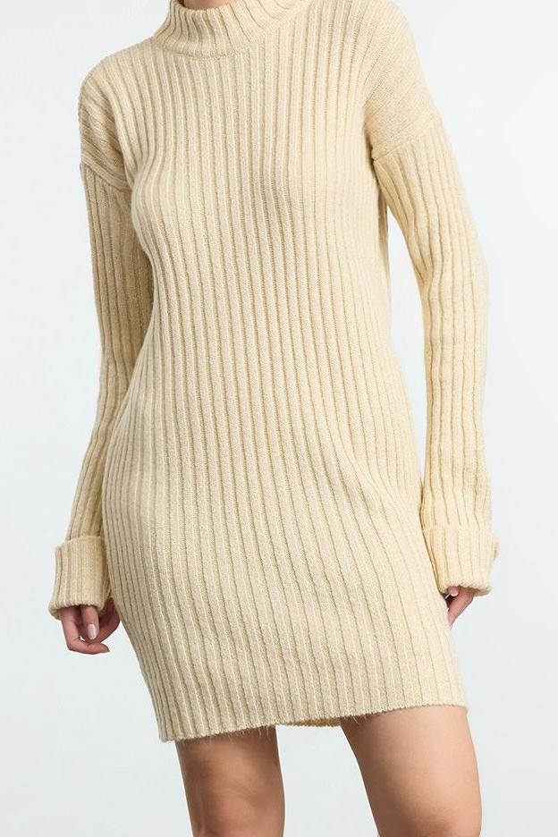Moda Stil Slim Dik Yaka Mini Boy Triko Yumuşak Dokulu Tozluklu Elbise