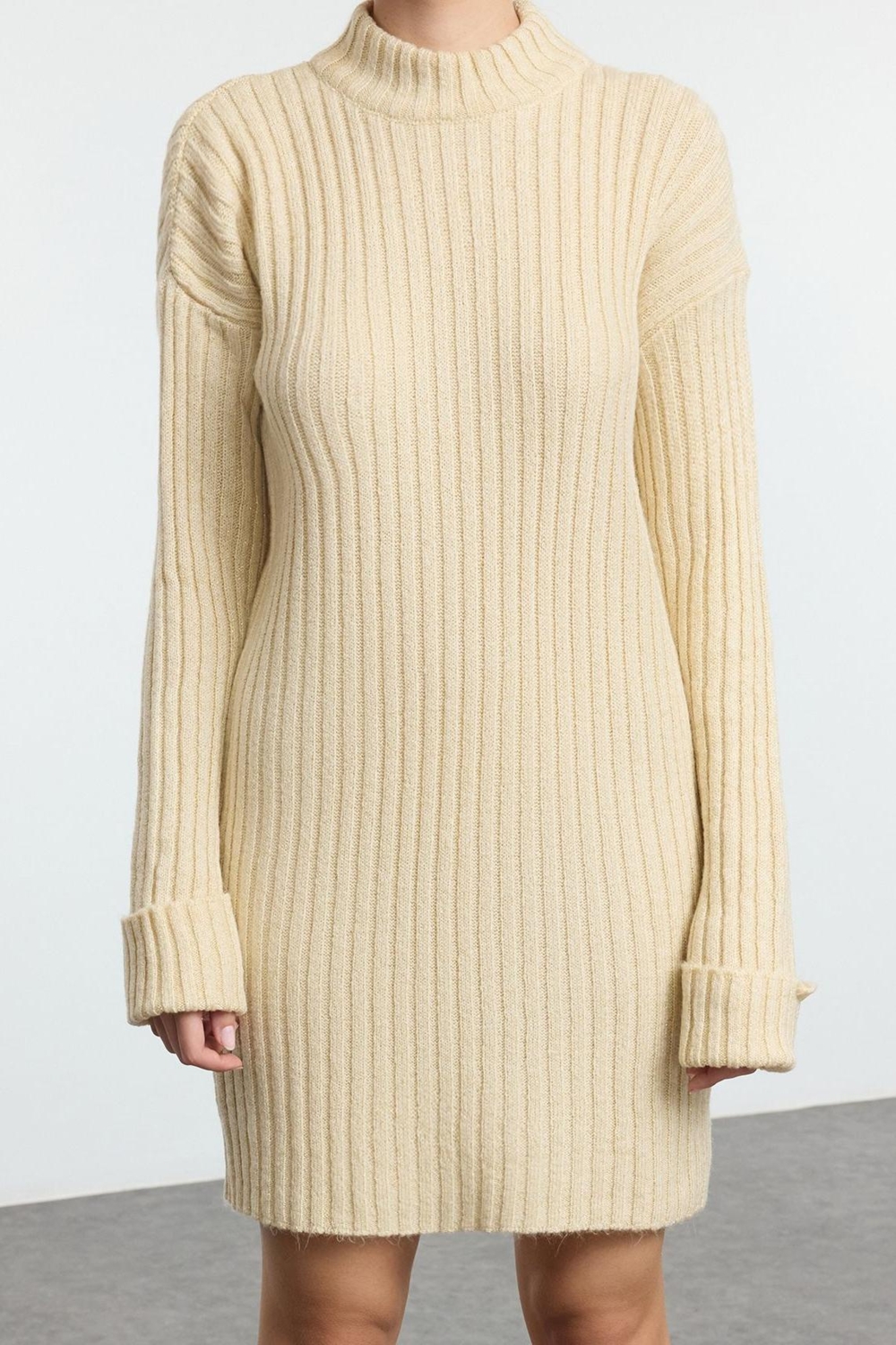 Moda Stil Slim Dik Yaka Mini Boy Triko Yumuşak Dokulu Tozluklu Elbise