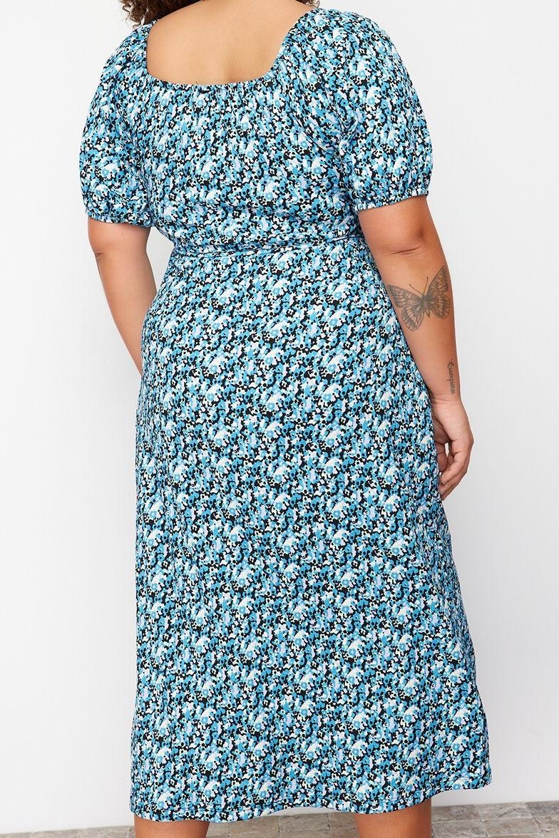 Moda Stil Relaxed Kruvaze Midi Boy Büyük Beden Çiçekli Örme Elbise