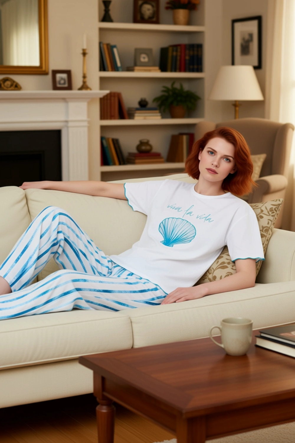 Kadın Çizgili Viskon Pijama Takımı Deniz Temalı Baskı Fonksiyonel Dayanıklı Kaliteli Rahat