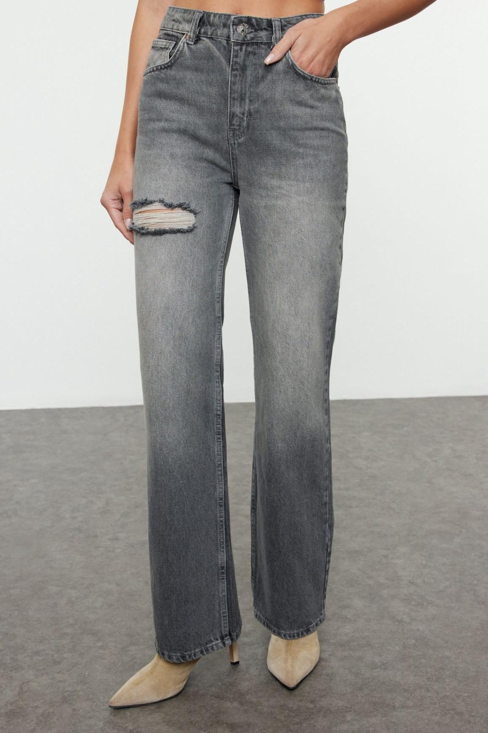 Stil Kadın Moda Denim Kot Pantolon Uzun Geniş Paça Mavi Yüksek Bel Jeans
