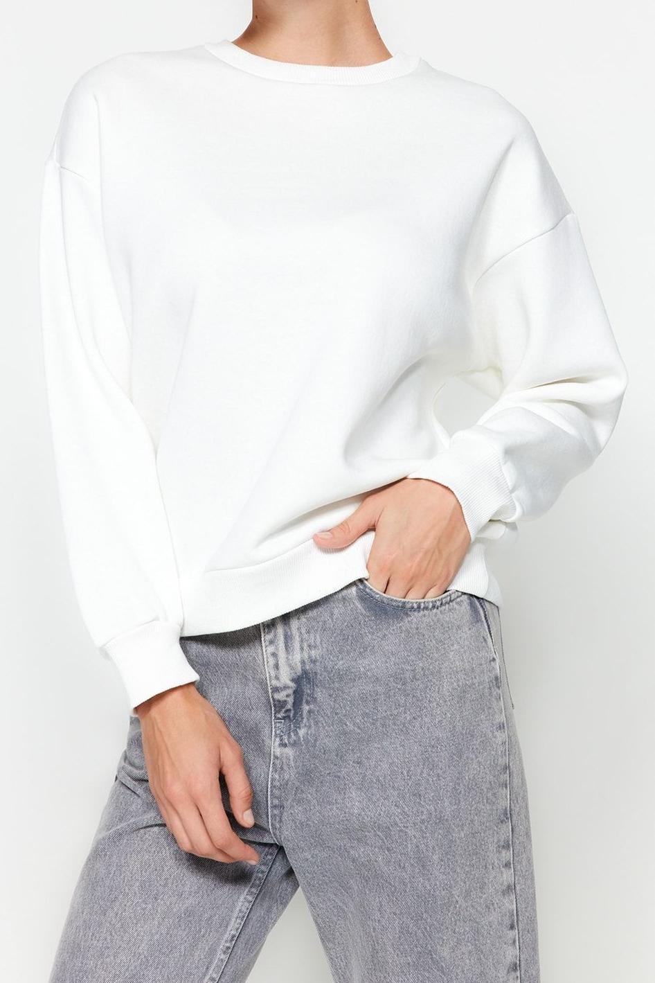 Regular Bisiklet Yaka Düşük Kol Regular Kalın İçi Polarlı Normal Kalıp Basic Örme Sweatshirt