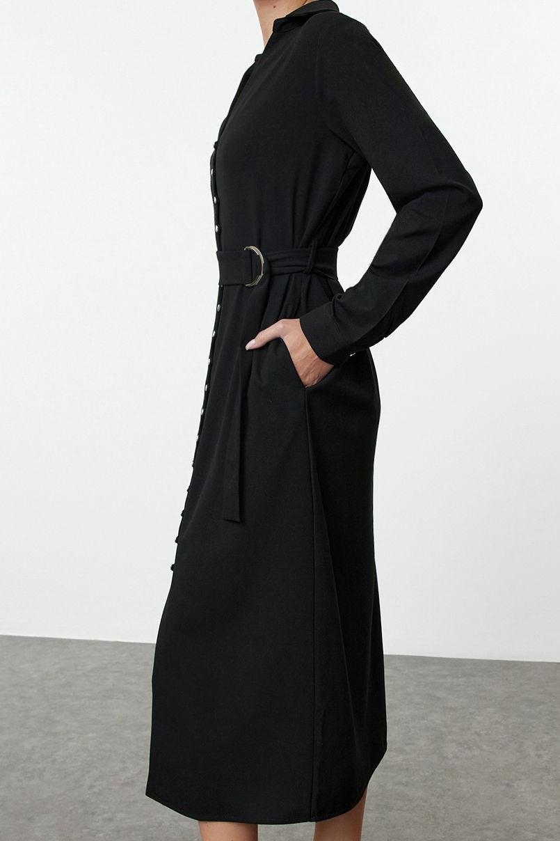 Moda Stil Regular Gömlek Yaka Maxi Boy Kuşaklı Düğme Detaylı Dokuma Elbise