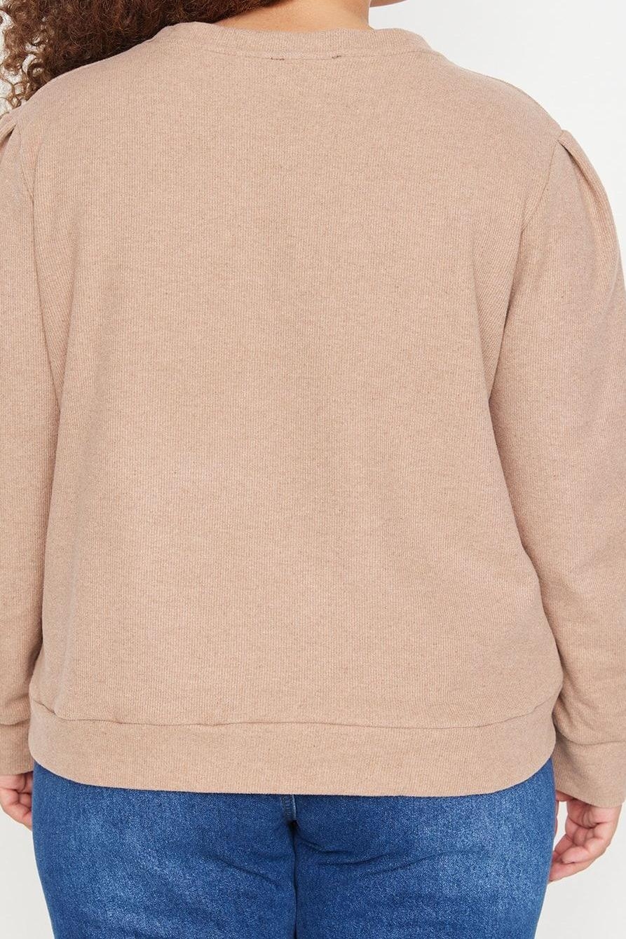 Büyük Beden Tarz Regular Bisiklet Yaka Balon Kol Regular Selanik İnce Örme Sweatshirt