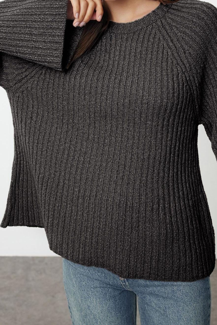 Kadınlara Özel Regular Kalıp Bisiklet Yaka Triko Kazak Reglan Kol Uzun Kollu Peplum Detayı