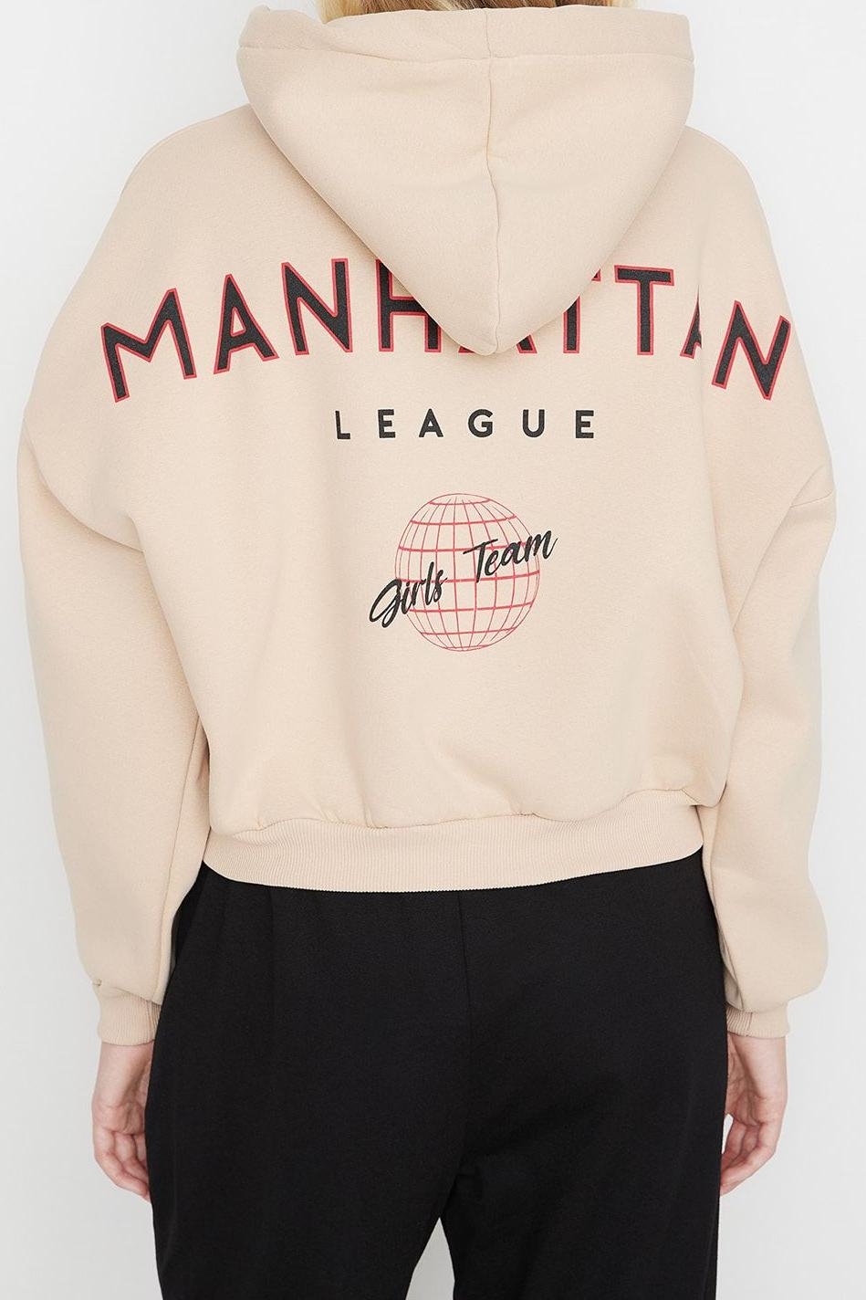 Tarz Relaxed Kapüşonlu Düşük Kol Crop Sırt Baskı Detaylı Kalın İçi Polarlı Örme Sweatshirt