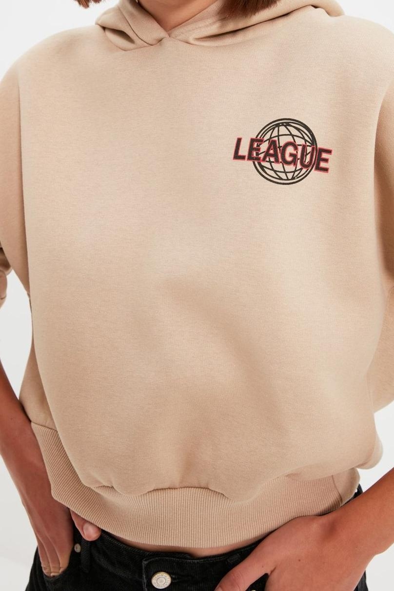 Tarz Relaxed Kapüşonlu Düşük Kol Crop Sırt Baskı Detaylı Kalın İçi Polarlı Örme Sweatshirt