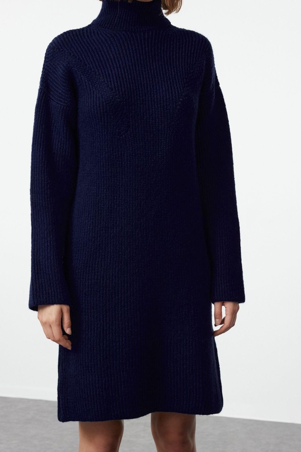 Moda Regular Casual Günlük Bürümcük Triko Dik Yaka Uzun Kol Kazak Elbise Mini Boy Elbise