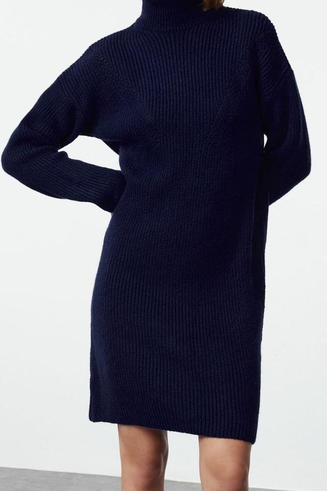 Moda Regular Casual Günlük Bürümcük Triko Dik Yaka Uzun Kol Kazak Elbise Mini Boy Elbise