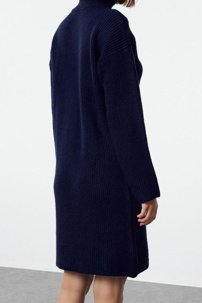 Moda Regular Casual Günlük Bürümcük Triko Dik Yaka Uzun Kol Kazak Elbise Mini Boy Elbise