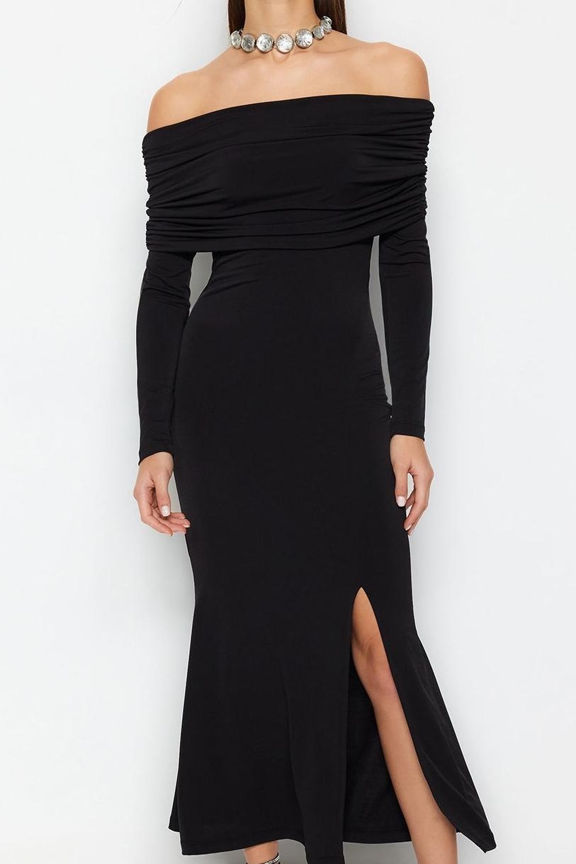 Moda Stil Fitted Carmen Yaka Midi Boy Şık Abiye Elbise
