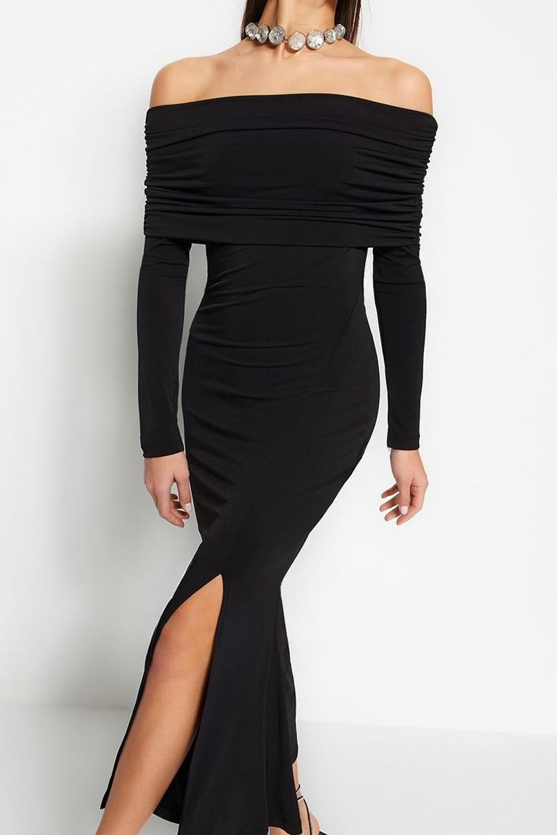 Moda Stil Fitted Carmen Yaka Midi Boy Şık Abiye Elbise