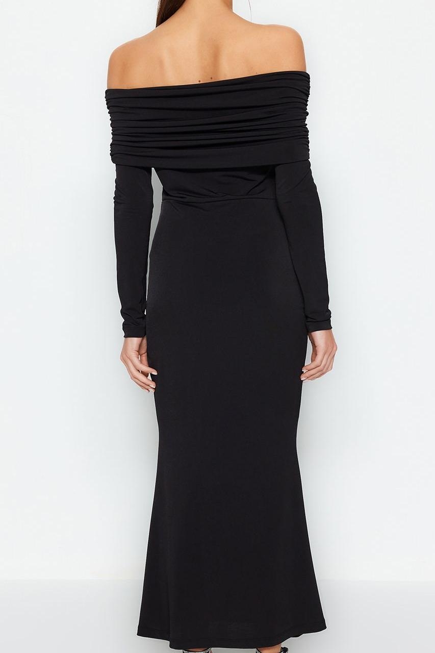 Moda Stil Fitted Carmen Yaka Midi Boy Şık Abiye Elbise