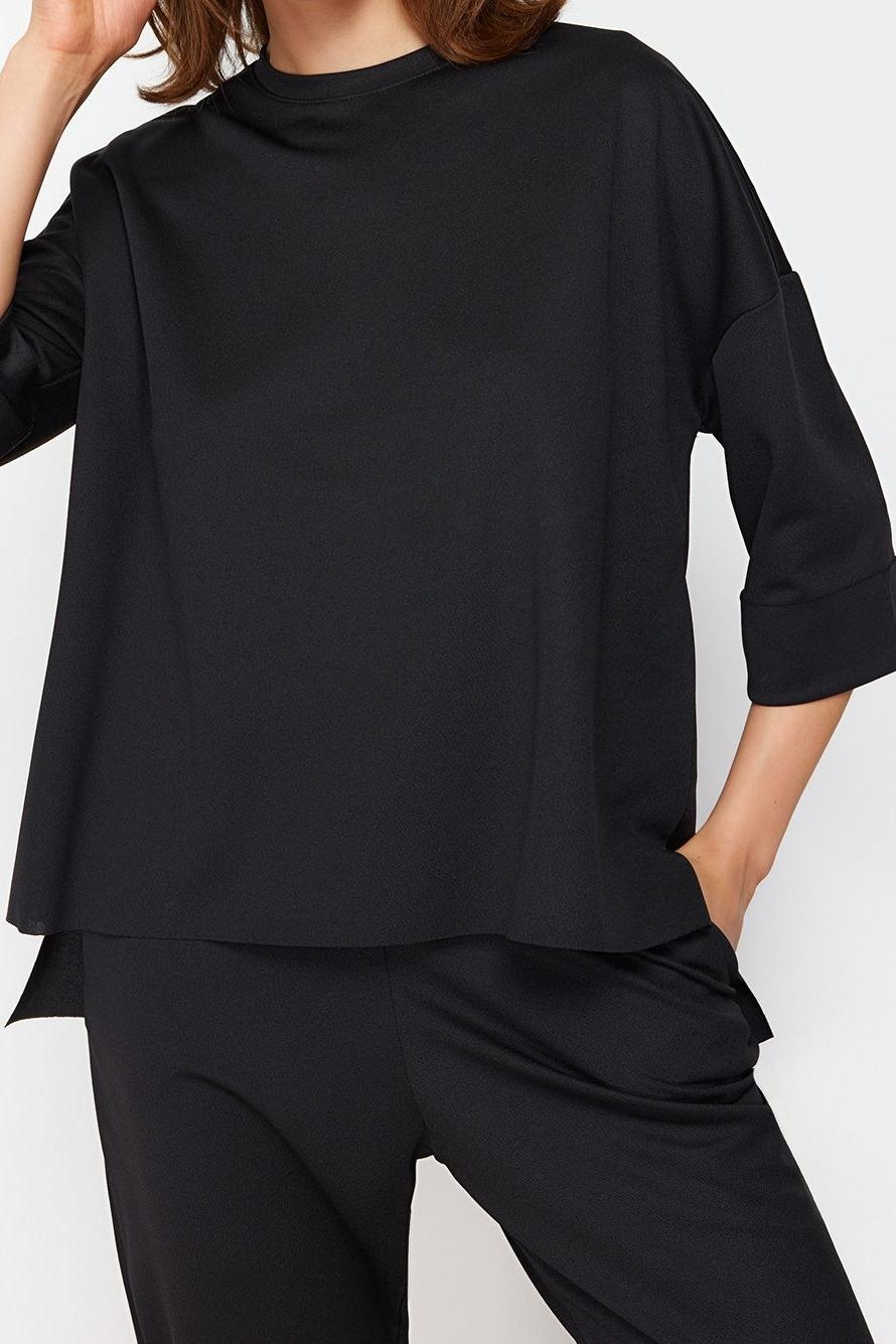 Tarz Kadın Normal Bel Dar Paça Siyah Oversize Geniş Kalıp Örme Sweatshirt Pantolon Alt-Üst Takım