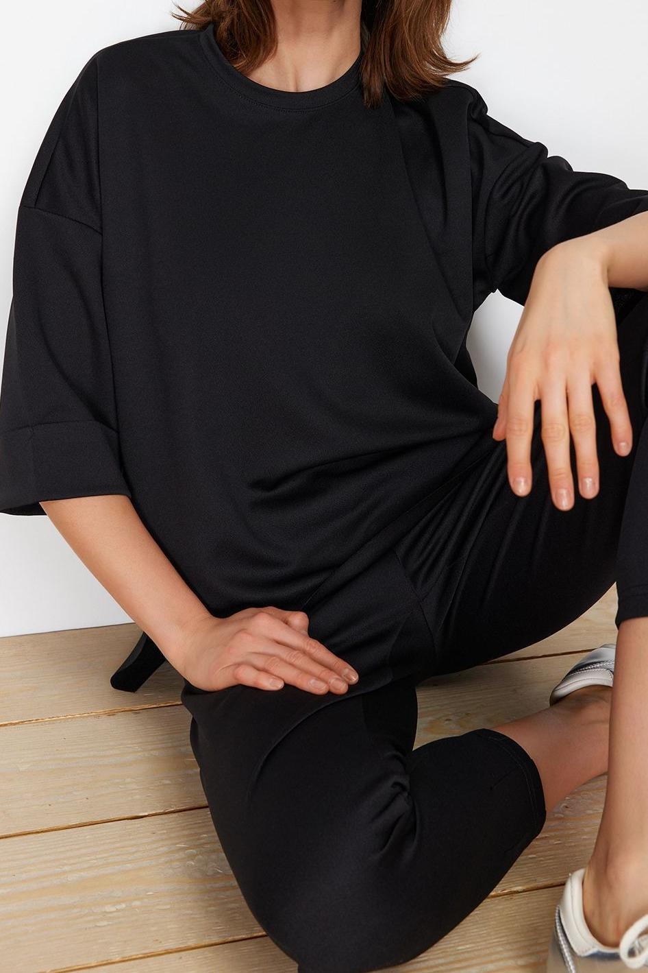 Tarz Kadın Normal Bel Dar Paça Siyah Oversize Geniş Kalıp Örme Sweatshirt Pantolon Alt-Üst Takım