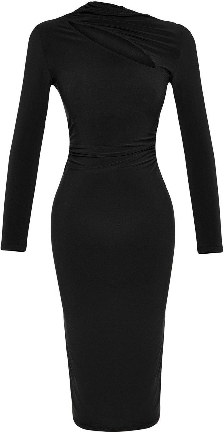 Moda Stil Slim Dik Yaka Midi Boy Cut Out Detaylı Fitted Vücuda Oturan Esnek Örme Elbise
