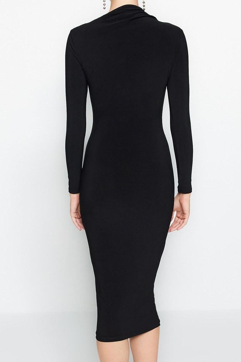 Moda Stil Slim Dik Yaka Midi Boy Cut Out Detaylı Fitted Vücuda Oturan Esnek Örme Elbise
