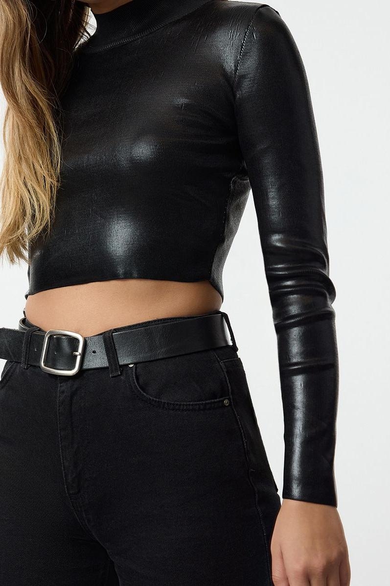 Stil Modern Kadın Crop Standart Kol Dik Yaka Basic Varak Baskılı Triko Kazak