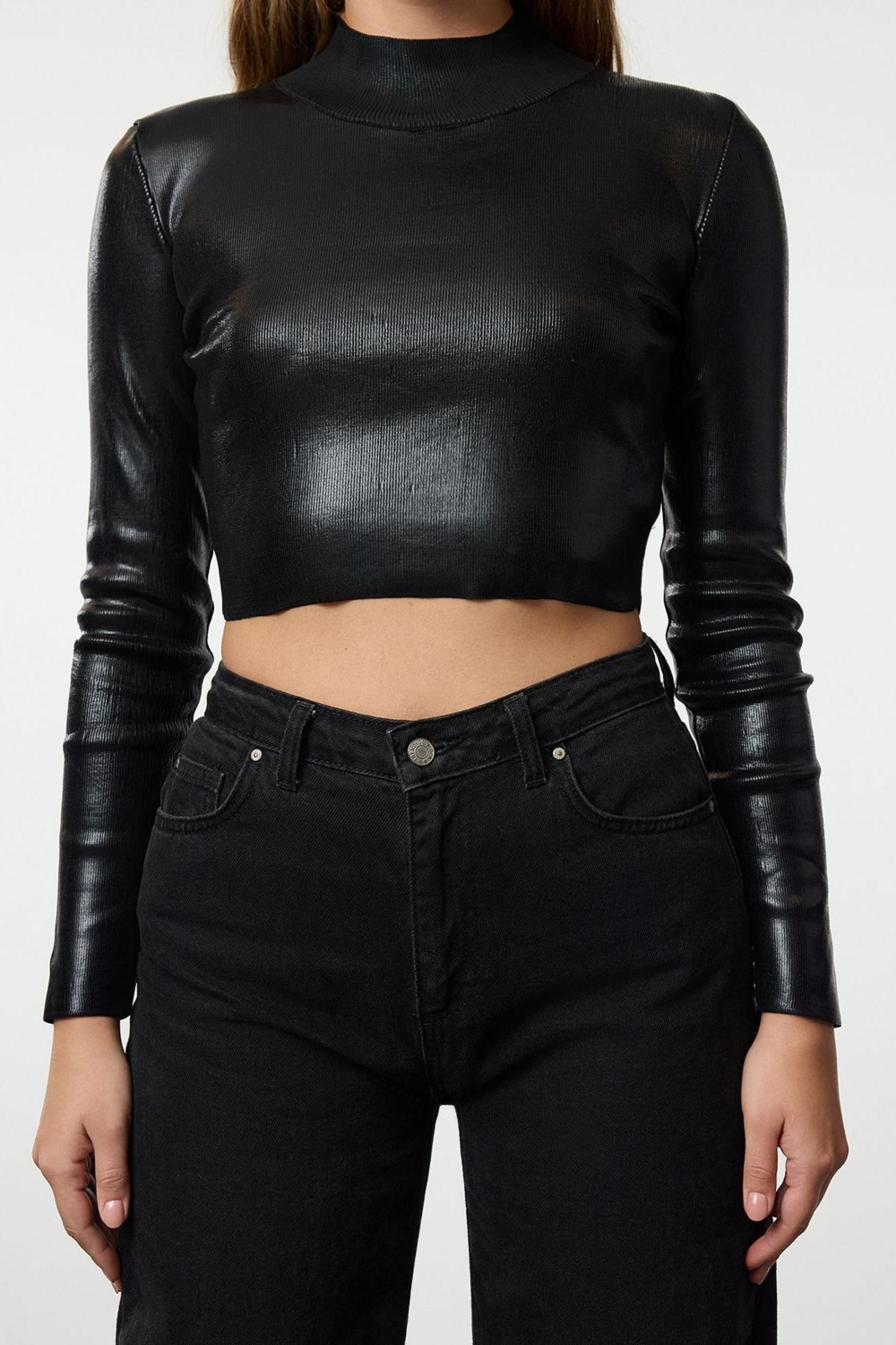 Stil Modern Kadın Crop Standart Kol Dik Yaka Basic Varak Baskılı Triko Kazak