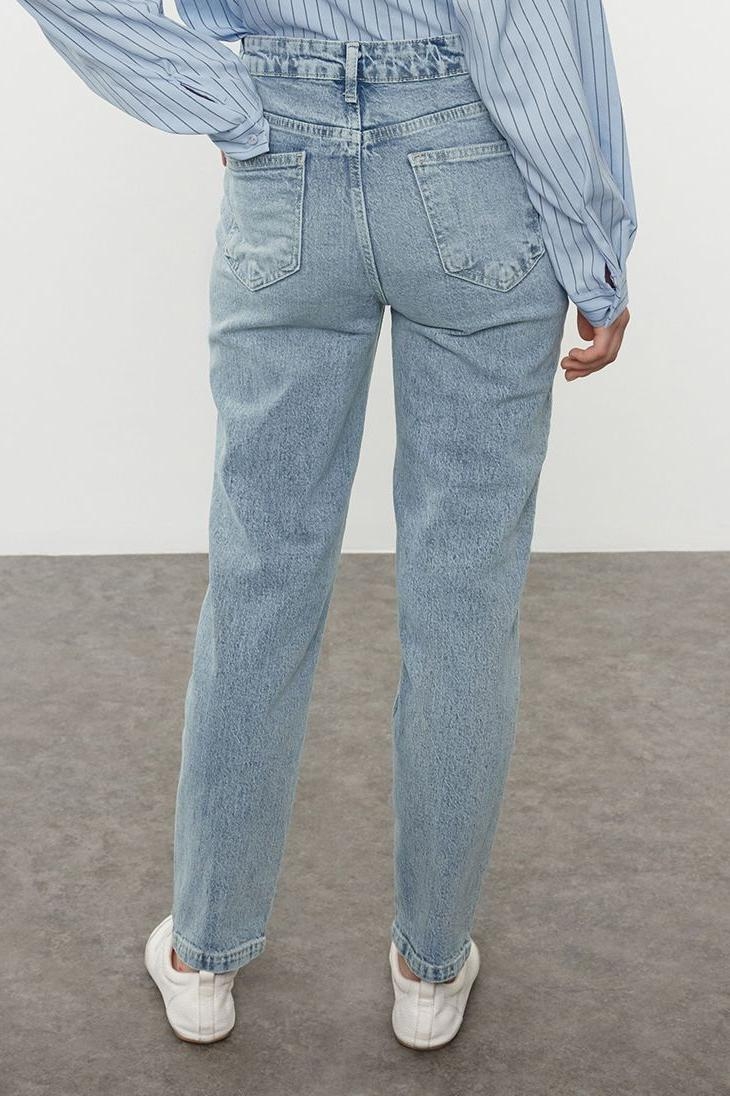 Stil Kadın Moda Denim Kot Pantolon Uzun Boru Paça Normal Bel Slim Mom Jeans