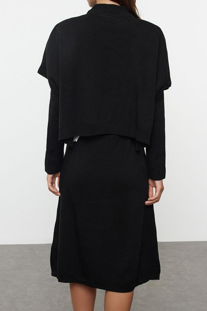 Moda Stil Oversize Dik Yaka Midi Boy Triko Süper Geniş Kalıp Süveterli Elbise