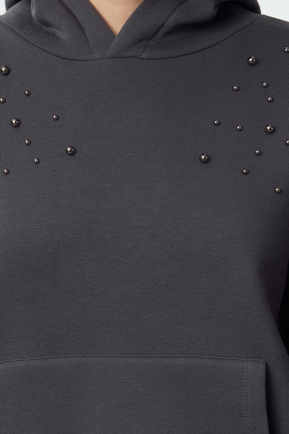 Tarz Relaxed Kapüşonlu Düşük Kol Uzun Taşlı Rahat Kalıp Kalın içi Polarlı Örme Sweatshirt