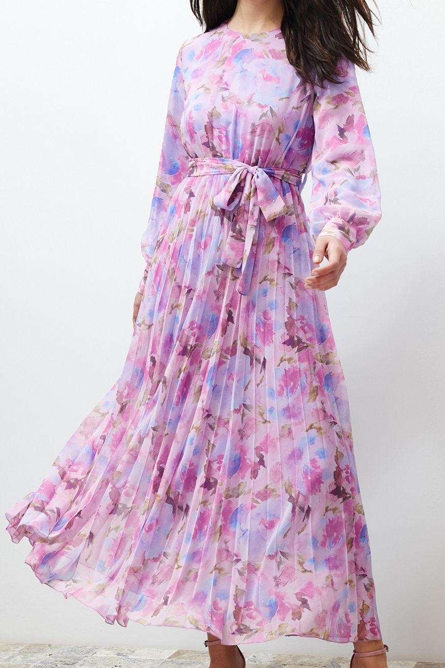 Moda Regular Casual Günlük Şifon Dokuma Bisiklet Yaka Uzun Kol A-Line Maxi Boy Tesettür Elbise