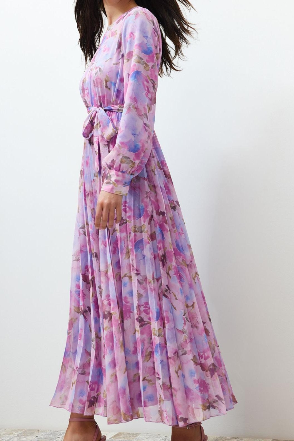 Moda Regular Casual Günlük Şifon Dokuma Bisiklet Yaka Uzun Kol A-Line Maxi Boy Tesettür Elbise